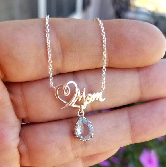 Sterling Silver Mom Pendant Necklace, Aquamarine Necklace, Mothers Day Gift - Picture 5 of 7